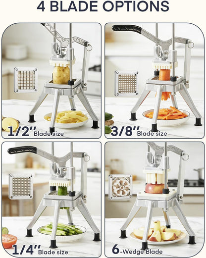 FOHRER Commercial Vegetable Chopper French Fry Cutter – Heavy Duty Potato Dicer with 4 Stainless Steel Blades (1/4", 3/8", 1/2", 6-Wedge) for Restaurant, Food Truck & Commercial Kitchen Prep