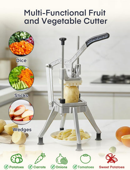 FOHRER Commercial Vegetable Chopper French Fry Cutter – Heavy Duty Potato Dicer with 4 Stainless Steel Blades (1/4", 3/8", 1/2", 6-Wedge) for Restaurant, Food Truck & Commercial Kitchen Prep