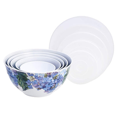 Mixing Bowls with Lids, Nesting Melamine Serving Bowls, Non-Slip Base, BPA Free, Dishwasher Safe, 5 Sizes, Blue and White Floral, Set of 10