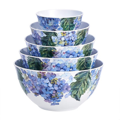 Mixing Bowls with Lids, Nesting Melamine Serving Bowls, Non-Slip Base, BPA Free, Dishwasher Safe, 5 Sizes, Blue and White Floral, Set of 10