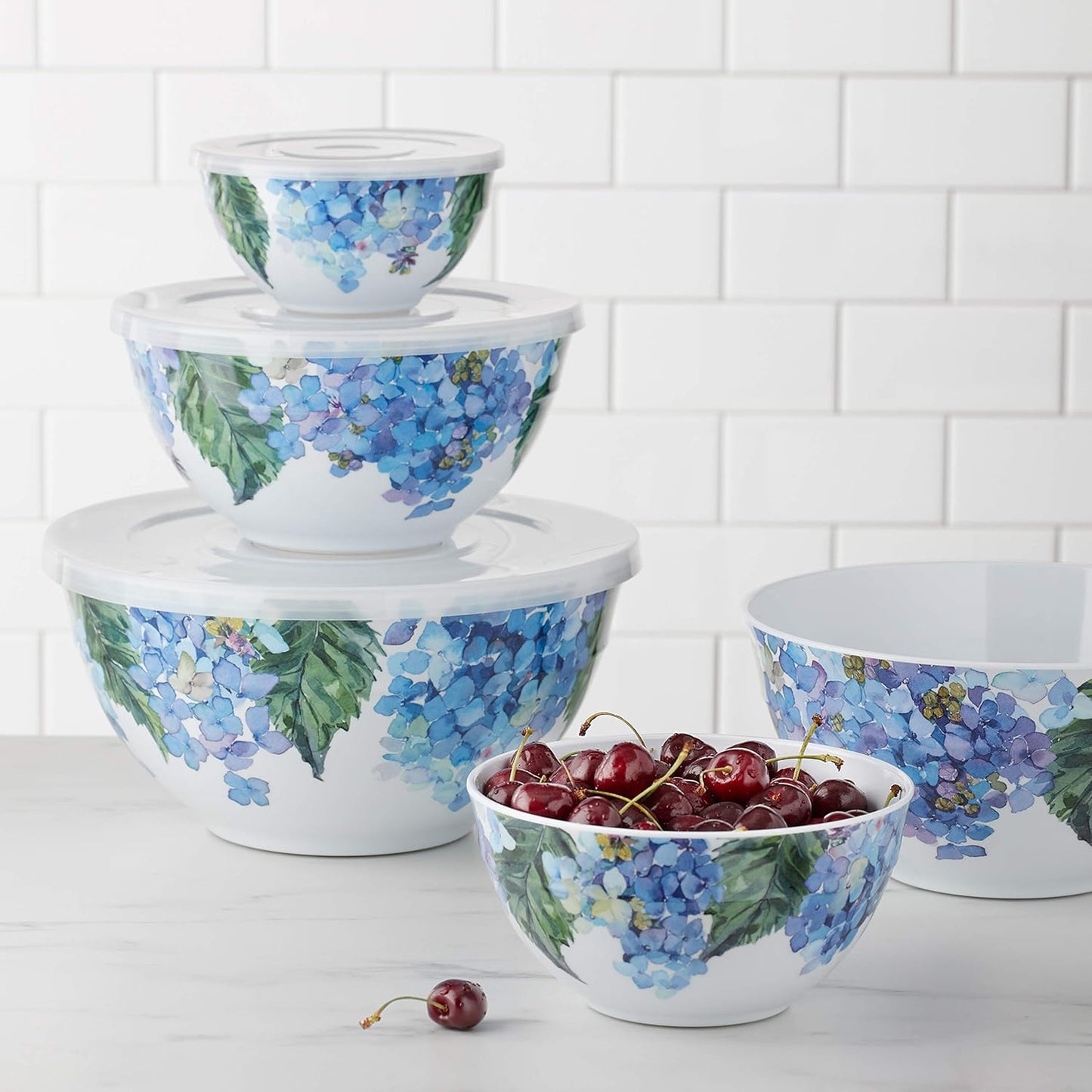 Mixing Bowls with Lids, Nesting Melamine Serving Bowls, Non-Slip Base, BPA Free, Dishwasher Safe, 5 Sizes, Blue and White Floral, Set of 10