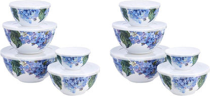 Mixing Bowls with Lids, Nesting Melamine Serving Bowls, Non-Slip Base, BPA Free, Dishwasher Safe, 5 Sizes, Blue and White Floral, Set of 10