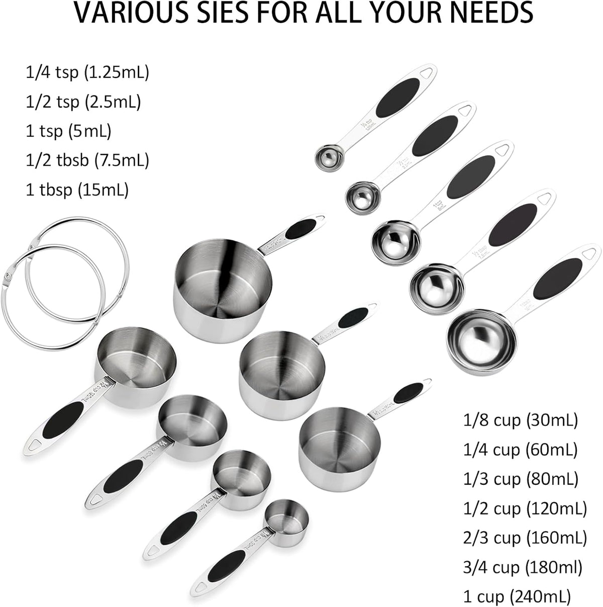 Magnetic Measuring Cups and Spoons Set, 12 Piece Stainless Steel Measuring Cups and Spoons Set, Nesting Kitchen Gadgets with Removable Clasp for Cooking & Baking (Black)