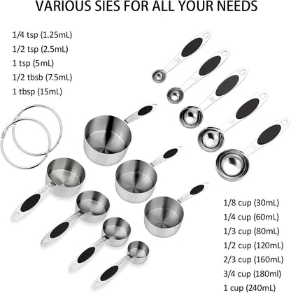 Magnetic Measuring Cups and Spoons Set, 12 Piece Stainless Steel Measuring Cups and Spoons Set, Nesting Kitchen Gadgets with Removable Clasp for Cooking & Baking (Black)