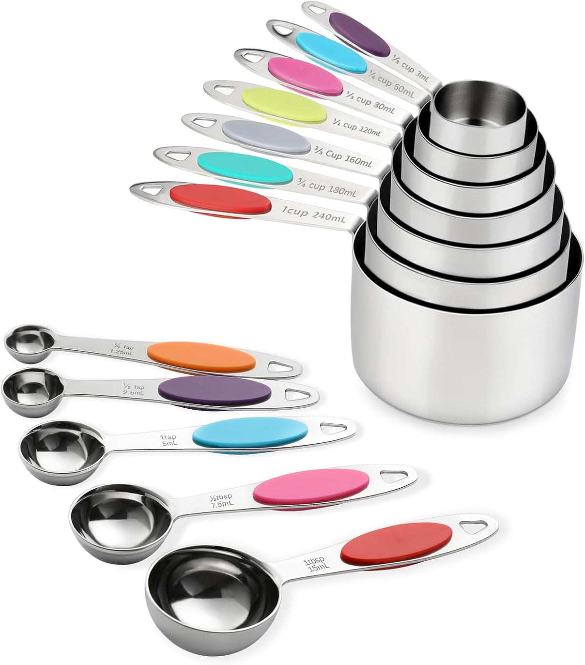 Magnetic Measuring Cups and Spoons Set, 12 Piece Stainless Steel Measuring Cups and Spoons Set, Nesting Kitchen Gadgets with Removable Clasp for Cooking & Baking (Black)