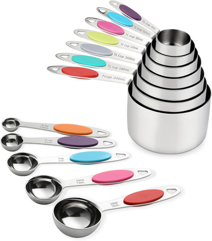 Magnetic Measuring Cups and Spoons Set, 12 Piece Stainless Steel Measuring Cups and Spoons Set, Nesting Kitchen Gadgets with Removable Clasp for Cooking & Baking (Black)