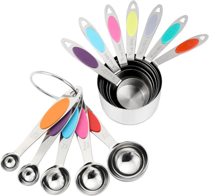 Magnetic Measuring Cups and Spoons Set, 12 Piece Stainless Steel Measuring Cups and Spoons Set, Nesting Kitchen Gadgets with Removable Clasp for Cooking & Baking (Black)