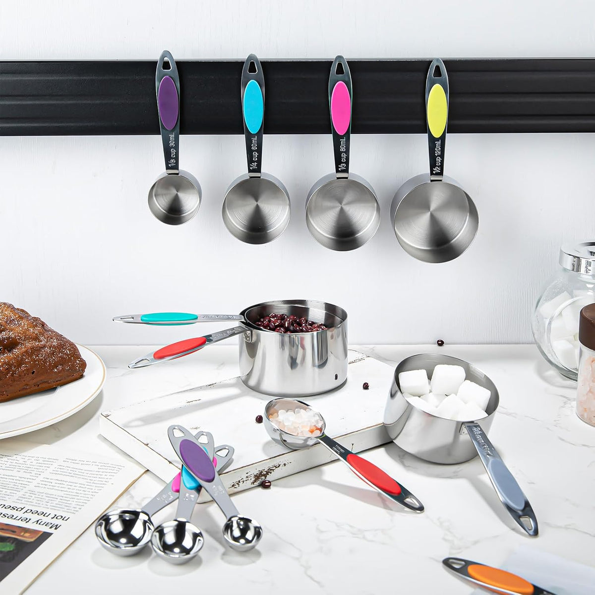 Magnetic Measuring Cups and Spoons Set, 12 Piece Stainless Steel Measuring Cups and Spoons Set, Nesting Kitchen Gadgets with Removable Clasp for Cooking & Baking (Black)