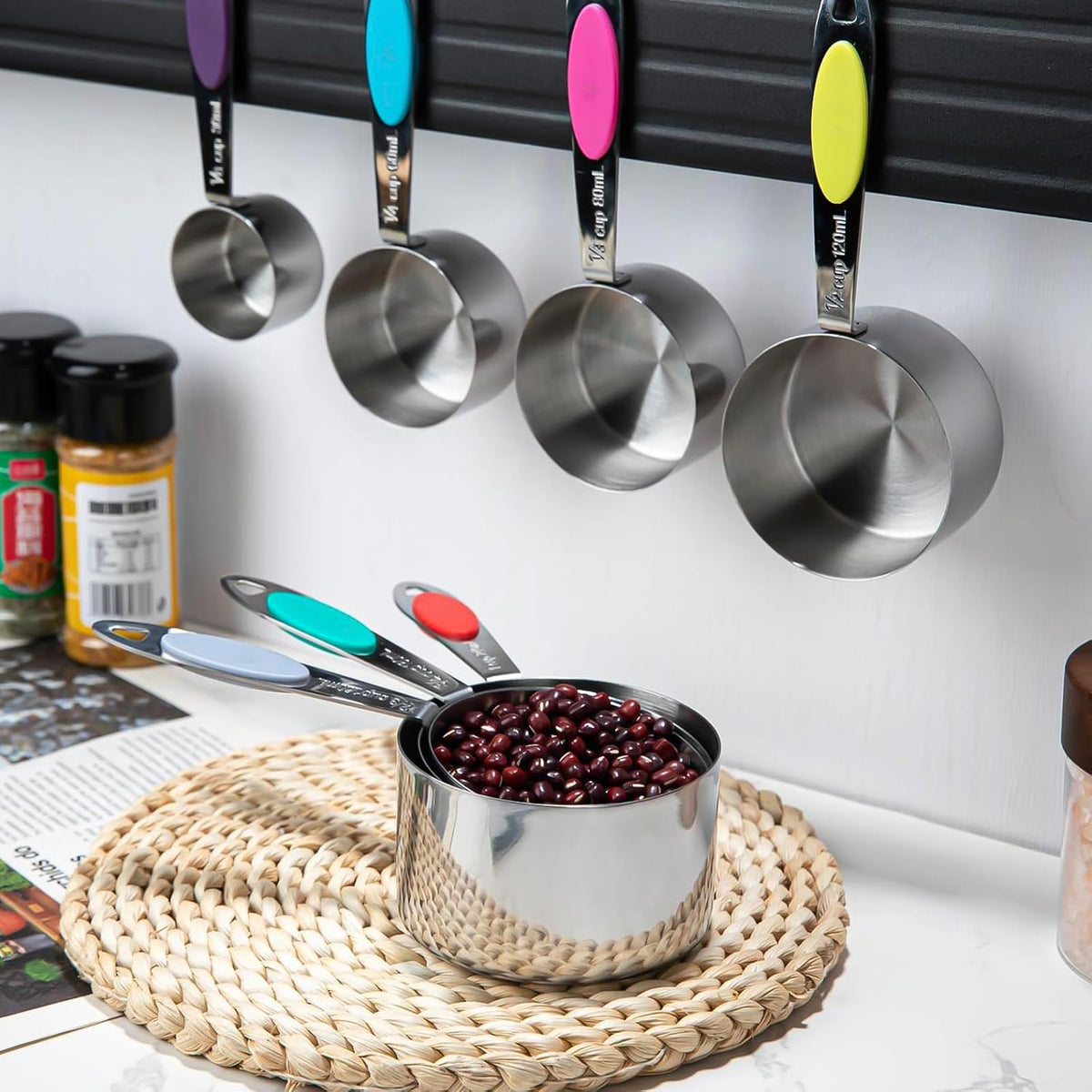 Magnetic Measuring Cups and Spoons Set, 12 Piece Stainless Steel Measuring Cups and Spoons Set, Nesting Kitchen Gadgets with Removable Clasp for Cooking & Baking (Black)
