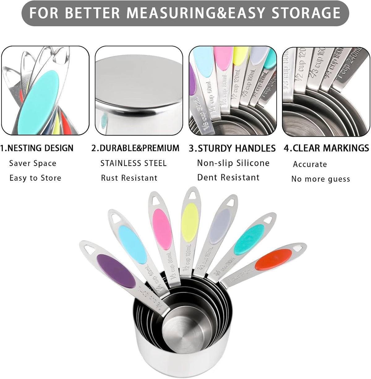 Magnetic Measuring Cups and Spoons Set, 12 Piece Stainless Steel Measuring Cups and Spoons Set, Nesting Kitchen Gadgets with Removable Clasp for Cooking & Baking (Black)