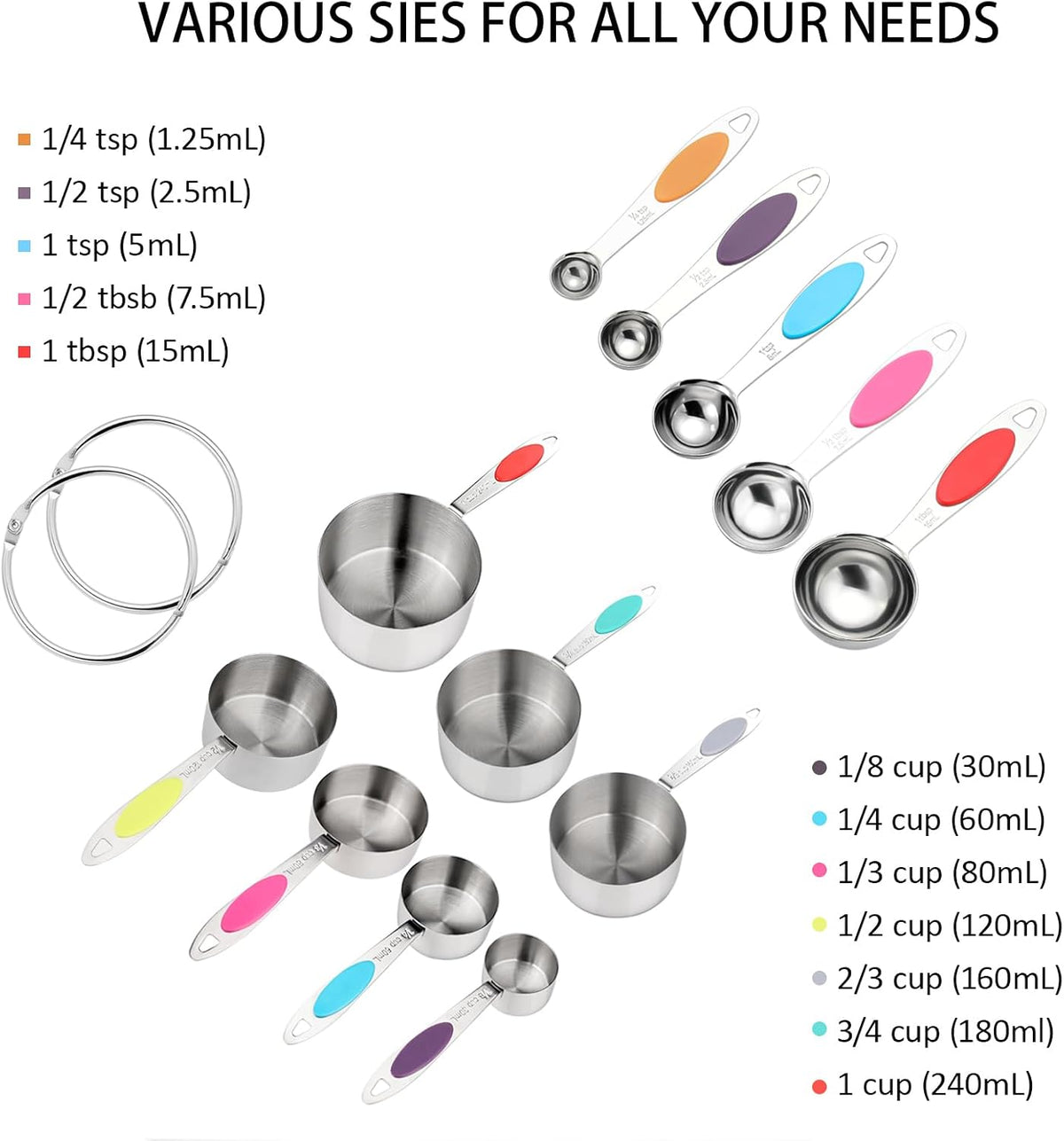 Magnetic Measuring Cups and Spoons Set, 12 Piece Stainless Steel Measuring Cups and Spoons Set, Nesting Kitchen Gadgets with Removable Clasp for Cooking & Baking (Black)