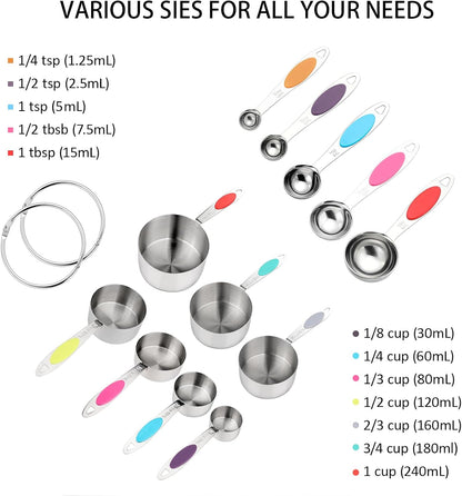 Magnetic Measuring Cups and Spoons Set, 12 Piece Stainless Steel Measuring Cups and Spoons Set, Nesting Kitchen Gadgets with Removable Clasp for Cooking & Baking (Black)