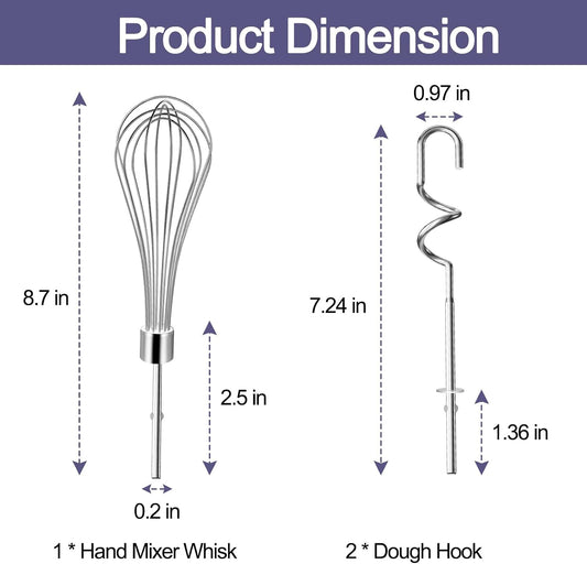 Stainless Beater/Dough Hook Set for KitchenAid Hand Mixer Attachment Set | For KitchenAid & KHMPW, Stainless Steel Hand Mixer Accessories, Dough Hooks /Egg Beater Whisk Attachment