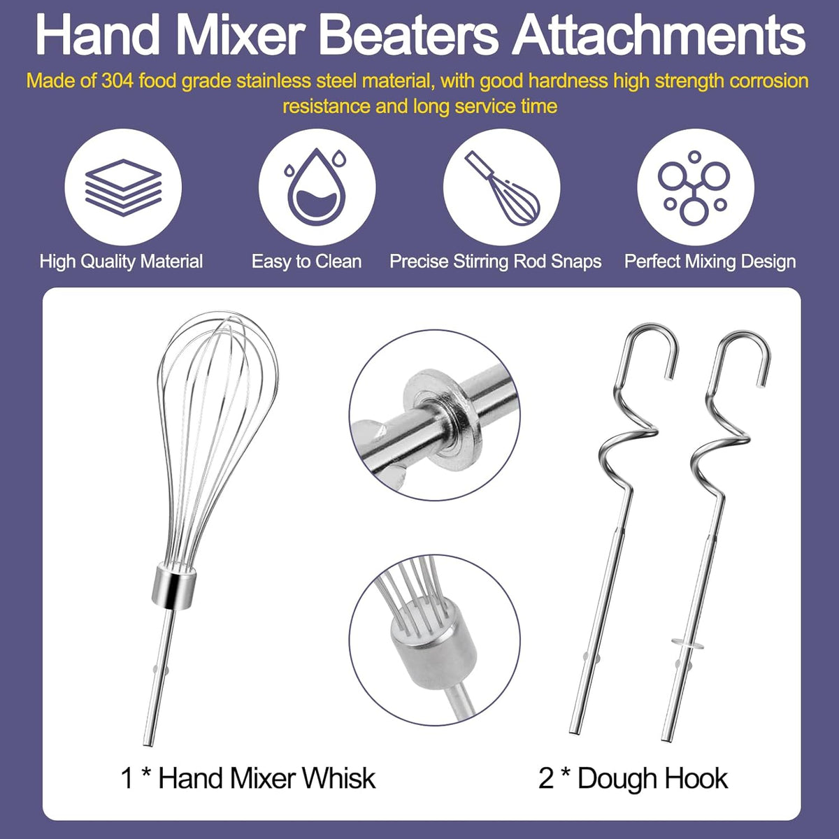 Stainless Beater/Dough Hook Set for KitchenAid Hand Mixer Attachment Set | For KitchenAid & KHMPW, Stainless Steel Hand Mixer Accessories, Dough Hooks /Egg Beater Whisk Attachment