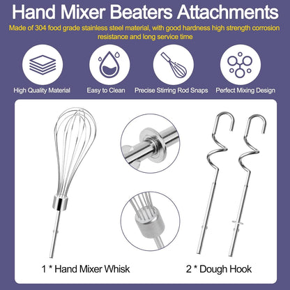 Stainless Beater/Dough Hook Set for KitchenAid Hand Mixer Attachment Set | For KitchenAid & KHMPW, Stainless Steel Hand Mixer Accessories, Dough Hooks /Egg Beater Whisk Attachment