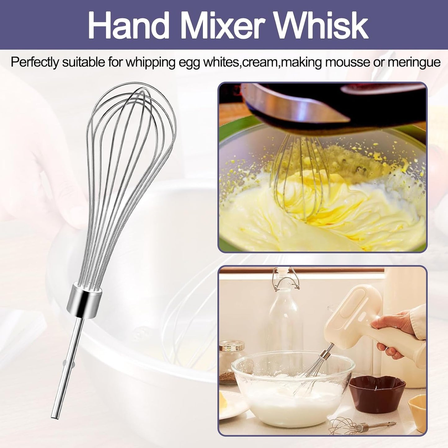 Stainless Beater/Dough Hook Set for KitchenAid Hand Mixer Attachment Set | For KitchenAid & KHMPW, Stainless Steel Hand Mixer Accessories, Dough Hooks /Egg Beater Whisk Attachment