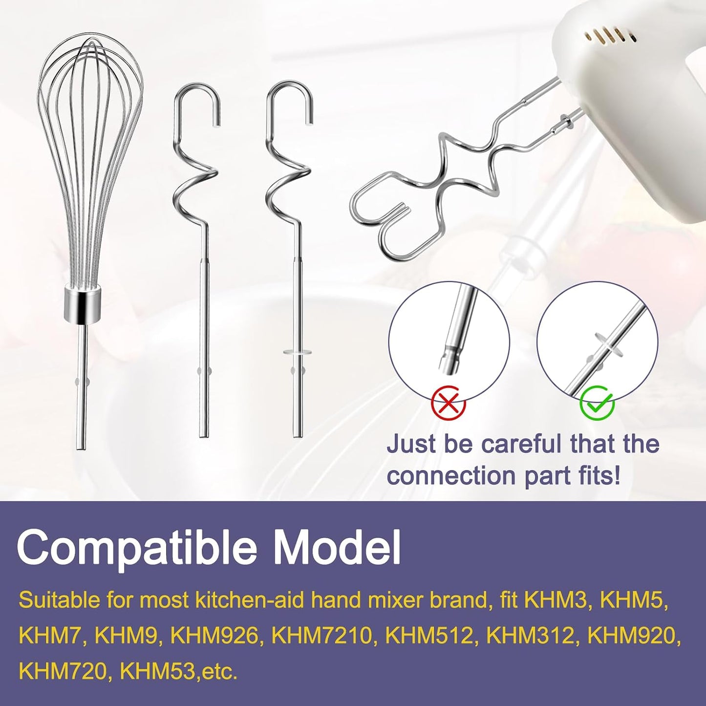 Stainless Beater/Dough Hook Set for KitchenAid Hand Mixer Attachment Set | For KitchenAid & KHMPW, Stainless Steel Hand Mixer Accessories, Dough Hooks /Egg Beater Whisk Attachment
