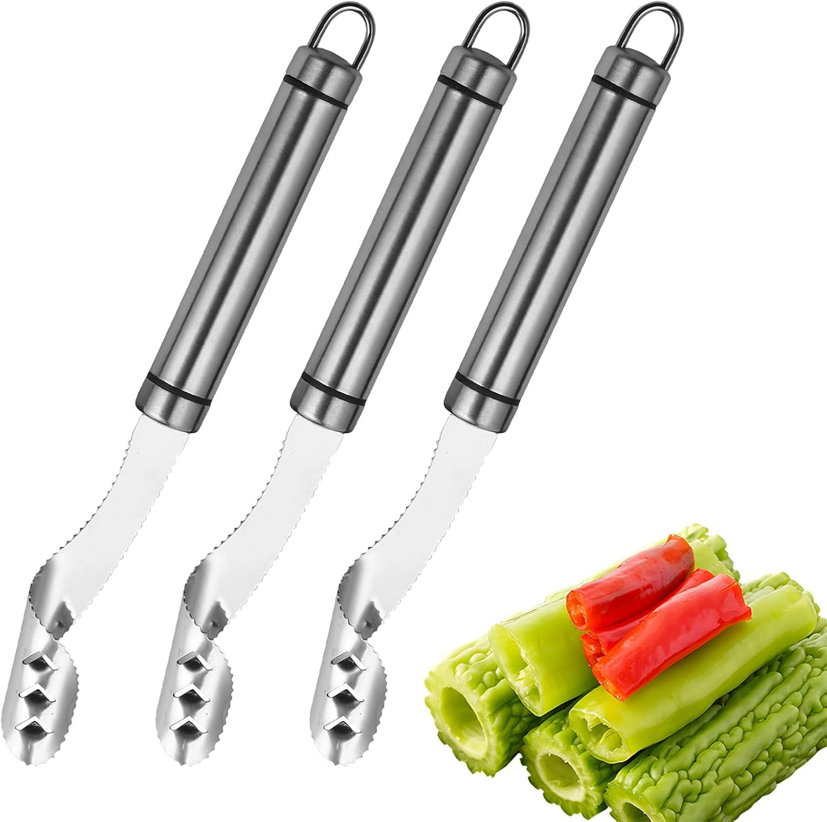 Jalapeno Pepper Corer, 2 in 1 Chili Corer Tool - Stainless Steel Pepper Seed Remover with Serrated Slice & Handle, for Slicing Off Vegetable Tops or Removing Pepper Cores