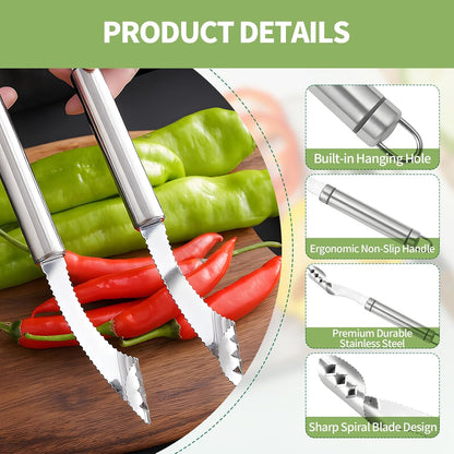 Jalapeno Pepper Corer, 2 in 1 Chili Corer Tool - Stainless Steel Pepper Seed Remover with Serrated Slice & Handle, for Slicing Off Vegetable Tops or Removing Pepper Cores