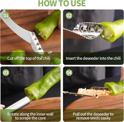 Jalapeno Pepper Corer, 2 in 1 Chili Corer Tool - Stainless Steel Pepper Seed Remover with Serrated Slice & Handle, for Slicing Off Vegetable Tops or Removing Pepper Cores
