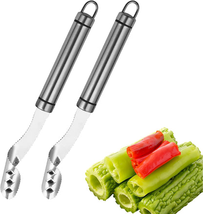 Jalapeno Pepper Corer, 2 in 1 Chili Corer Tool - Stainless Steel Pepper Seed Remover with Serrated Slice & Handle, for Slicing Off Vegetable Tops or Removing Pepper Cores