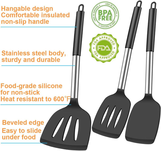 KLAQQED 3Pcs Silicone Spatula Set Heat Resistant Spatulas for Nonstick Cookware Fish Turner Plastic Spatulas Rubber Wok Spatula, Long Large Spatula Silicone Cooking Use Kitchen Utensils Set