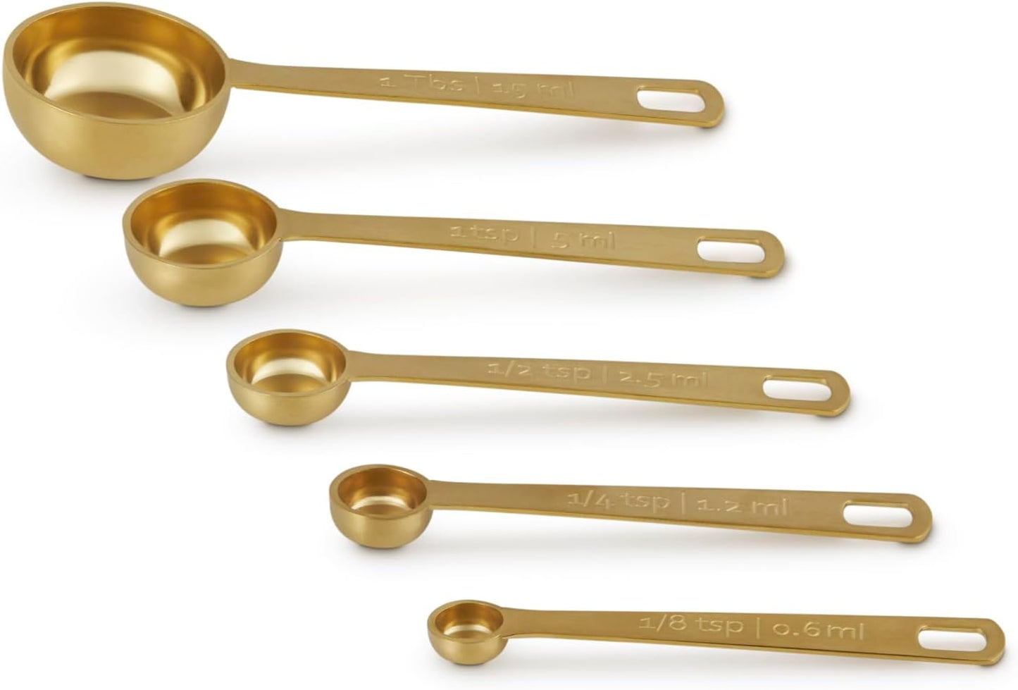 Stainless Steel Measuring Spoons, Gold Finish, Set of 5 | Set includes: 1/8, 1/4, 1/2 and 1 Tsps, and 1 Tb
