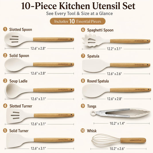 Silicone 10 Pcs Kitchen Cooking Utensils Set, Recycled Materials Certification, BPA Free Spatula Set with Heat Resistant Wood Handles for Nonstick Cookware, Cream White