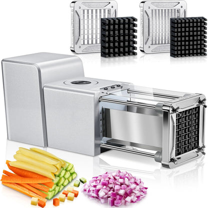 French Fry Cutter Electric Potato Cutter Stainless Steel with 1/2 & 3/8 Inch Blades for Potatoes, Carrots, Cucumbers & Onions