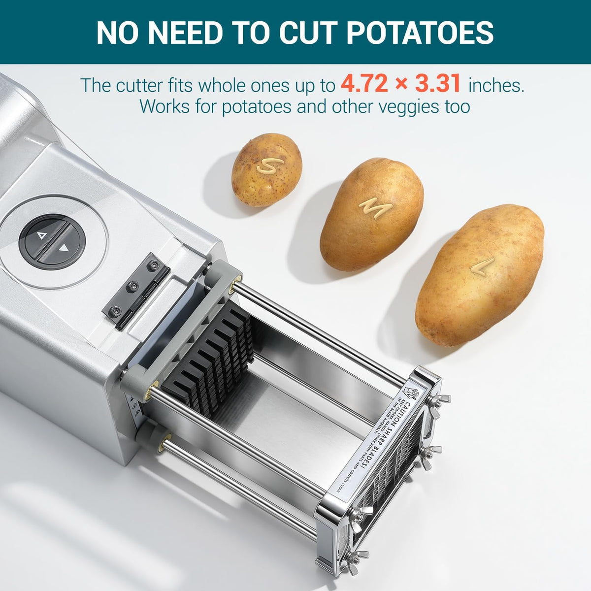 French Fry Cutter Electric Potato Cutter Stainless Steel with 1/2 & 3/8 Inch Blades for Potatoes, Carrots, Cucumbers & Onions