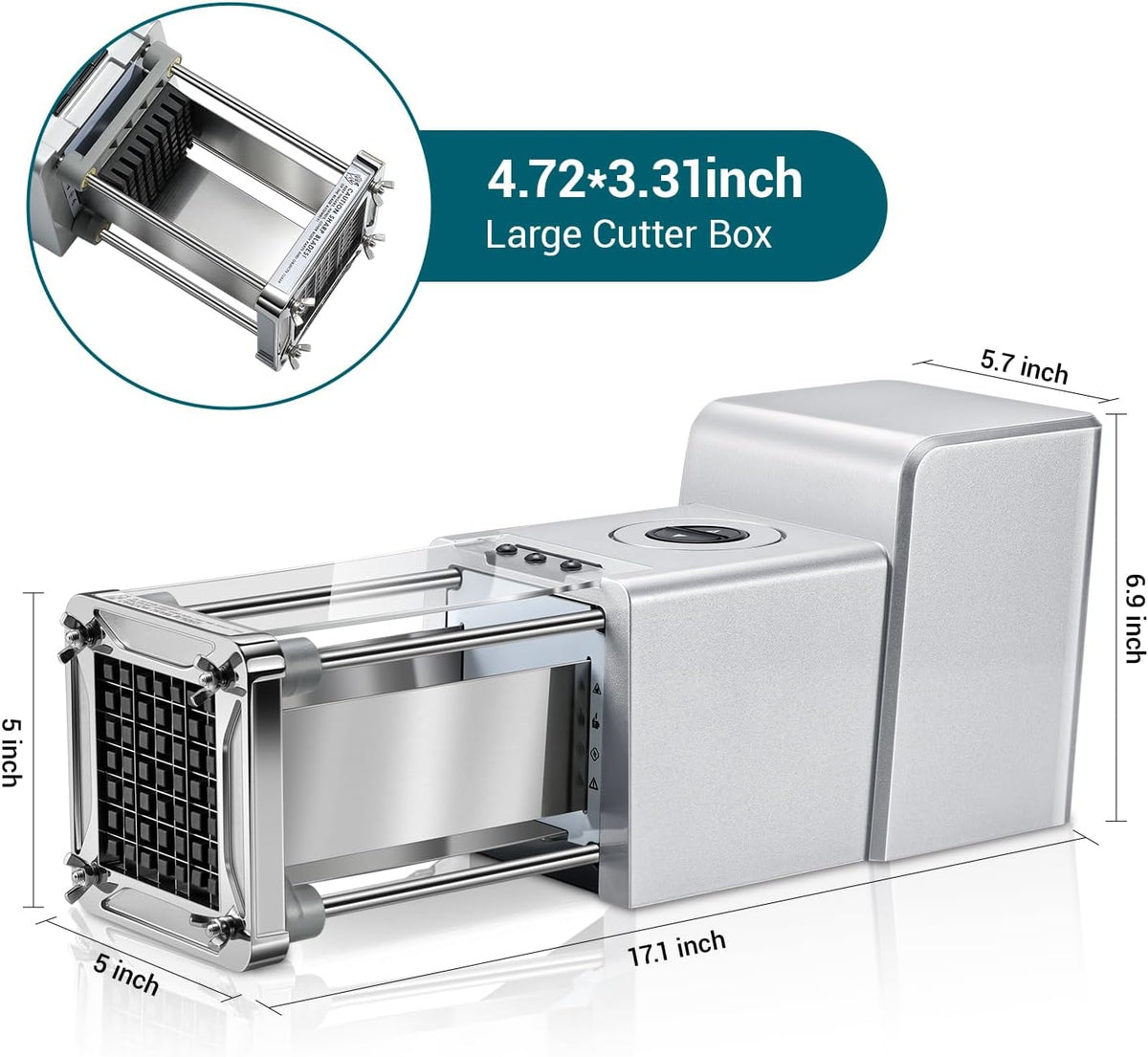 French Fry Cutter Electric Potato Cutter Stainless Steel with 1/2 & 3/8 Inch Blades for Potatoes, Carrots, Cucumbers & Onions