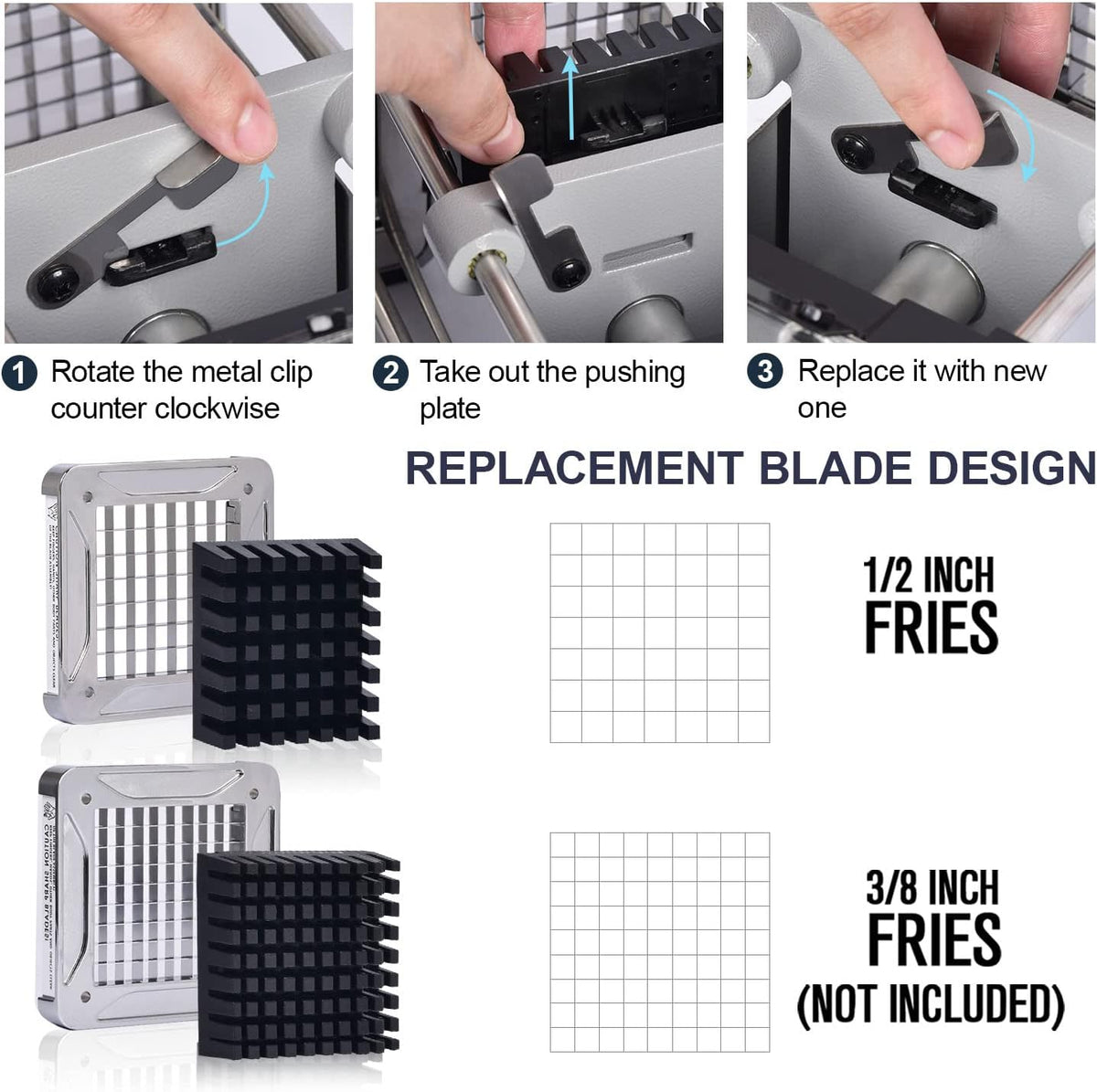 French Fry Cutter Electric Potato Cutter Stainless Steel with 1/2 & 3/8 Inch Blades for Potatoes, Carrots, Cucumbers & Onions