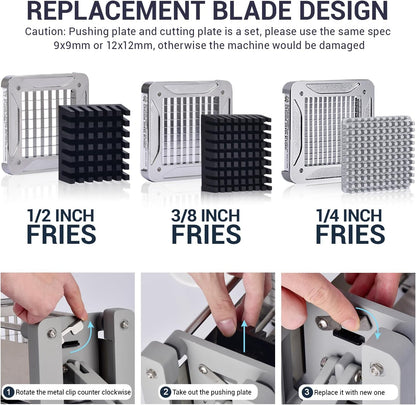 French Fry Cutter Electric Potato Cutter Stainless Steel with 1/2 & 3/8 Inch Blades for Potatoes, Carrots, Cucumbers & Onions