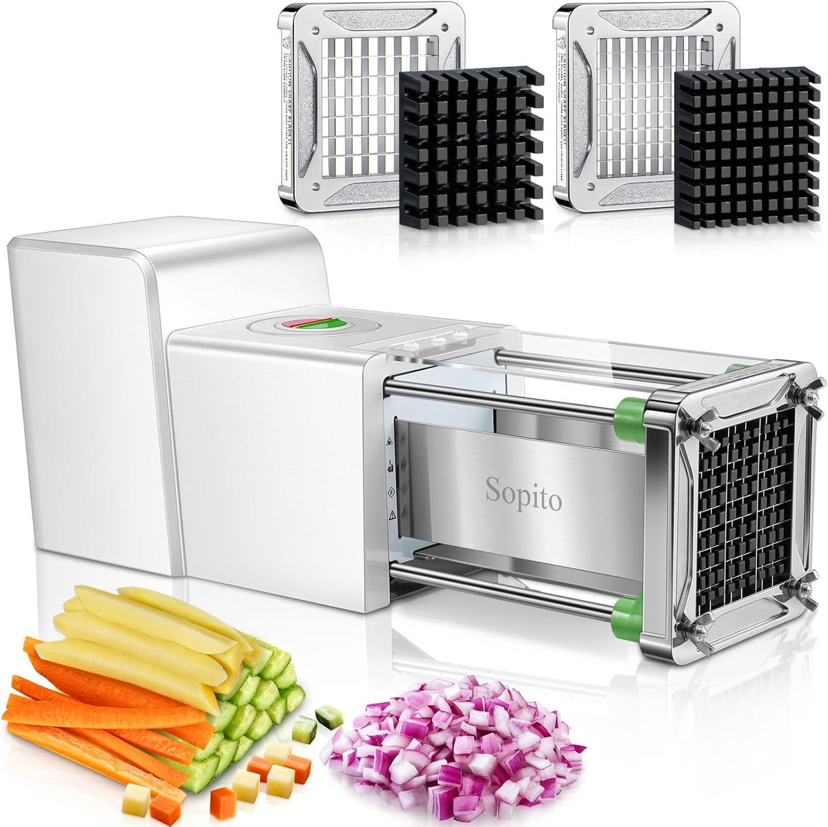 French Fry Cutter Electric Potato Cutter Stainless Steel with 1/2 & 3/8 Inch Blades for Potatoes, Carrots, Cucumbers & Onions