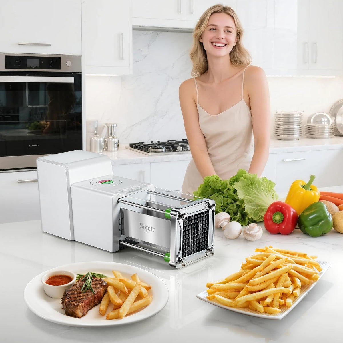 French Fry Cutter Electric Potato Cutter Stainless Steel with 1/2 & 3/8 Inch Blades for Potatoes, Carrots, Cucumbers & Onions