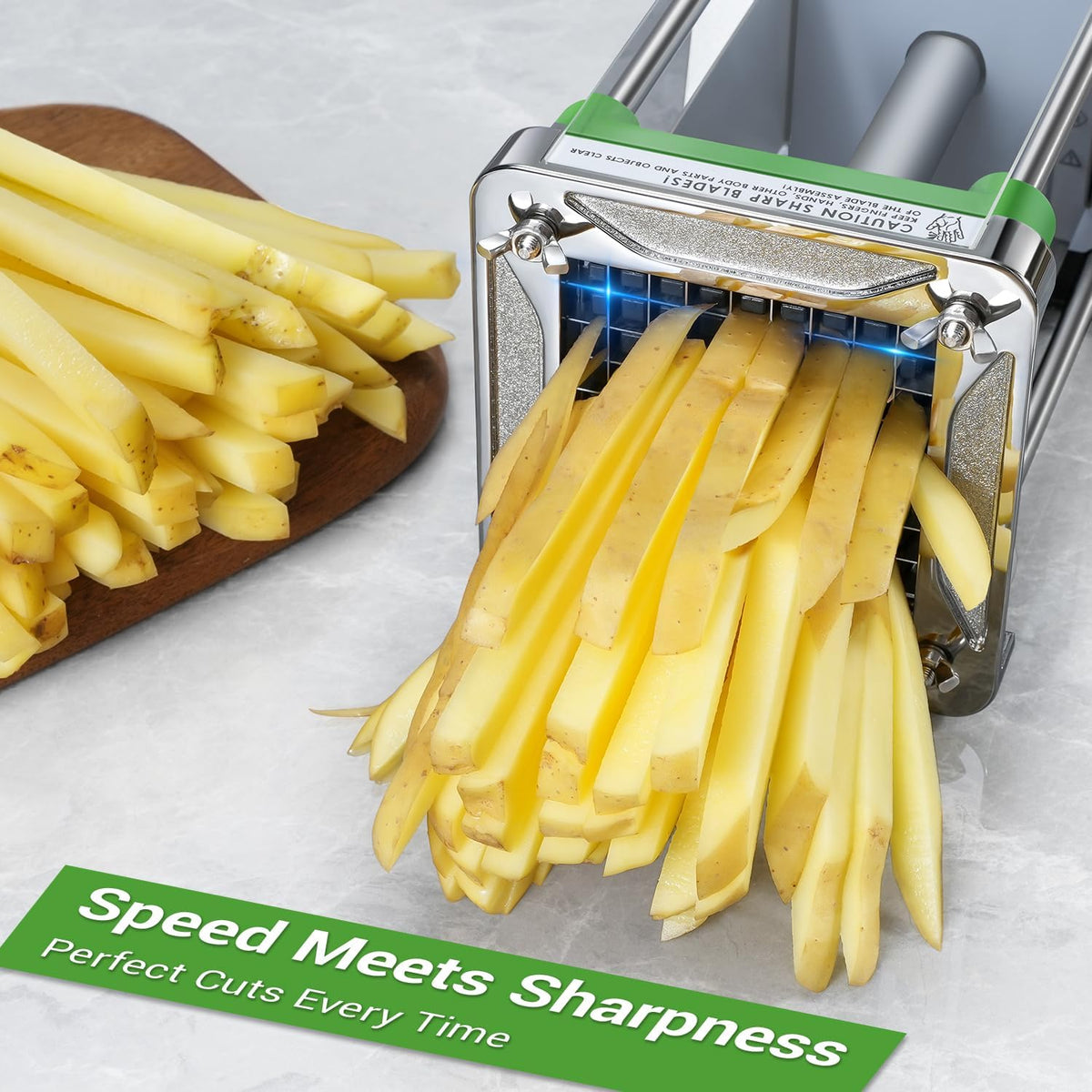 French Fry Cutter Electric Potato Cutter Stainless Steel with 1/2 & 3/8 Inch Blades for Potatoes, Carrots, Cucumbers & Onions