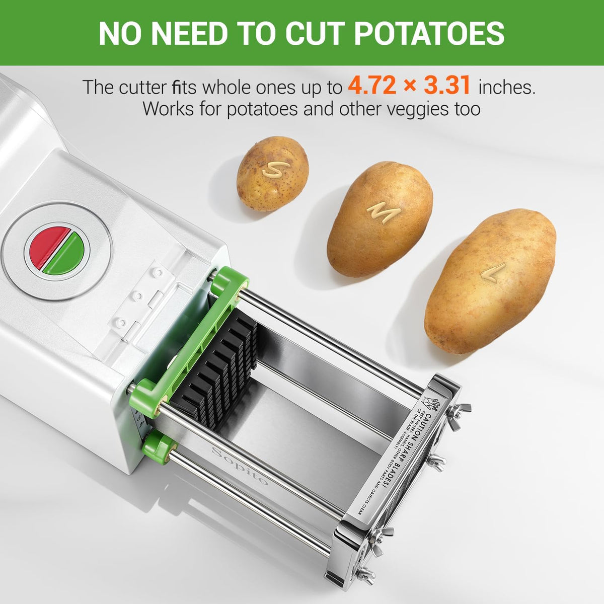 French Fry Cutter Electric Potato Cutter Stainless Steel with 1/2 & 3/8 Inch Blades for Potatoes, Carrots, Cucumbers & Onions