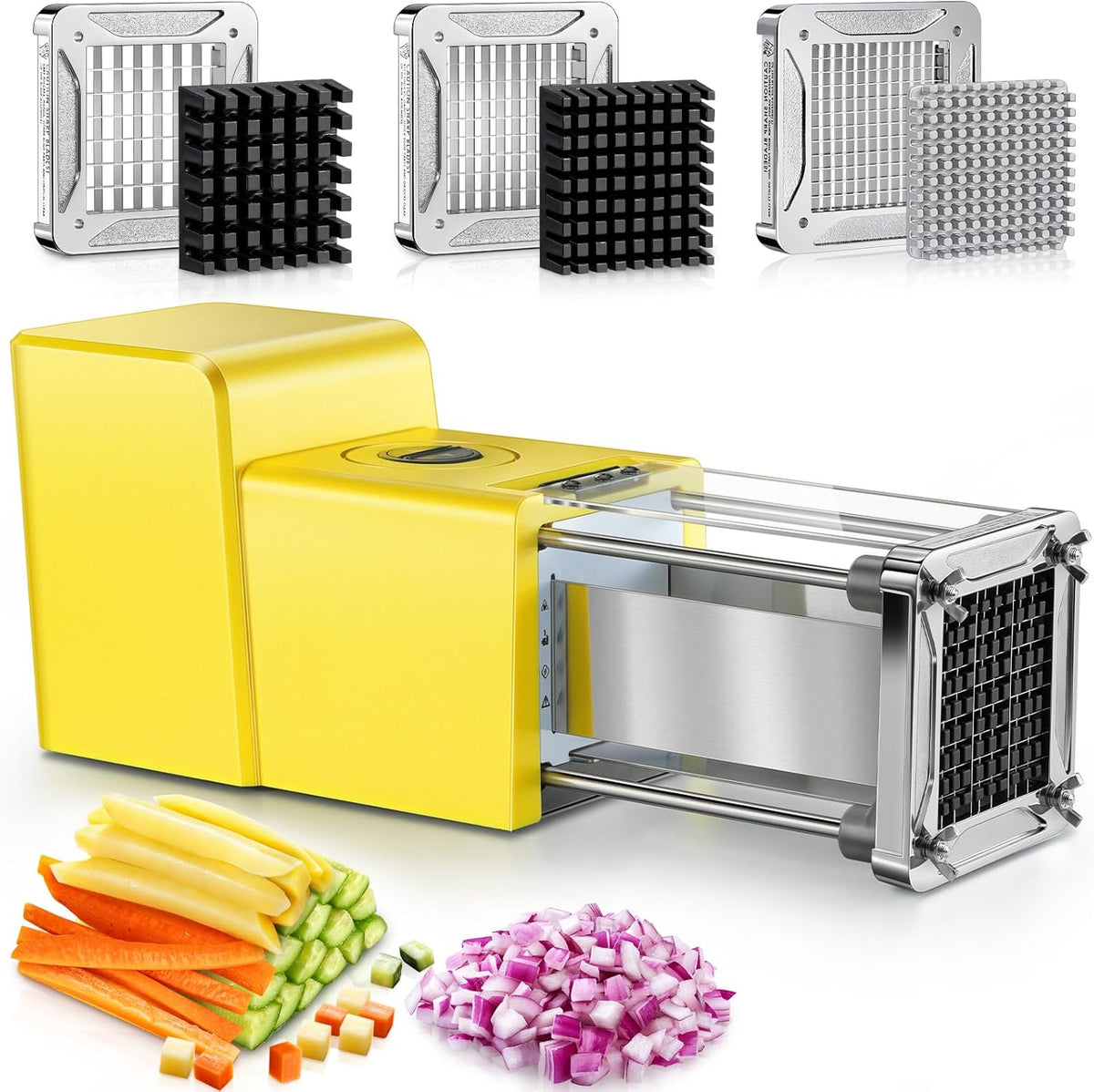 French Fry Cutter Electric Potato Cutter Stainless Steel with 1/2 & 3/8 Inch Blades for Potatoes, Carrots, Cucumbers & Onions