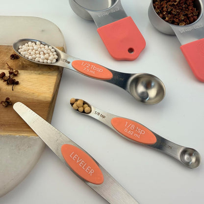 Stainless steel 304 measuring cup and spoon magnetic silicone handle, girl pink, 15-piece set, measuring tools, 7 stainless steel measuring cups, 8 double-sided measuring spoons with scales