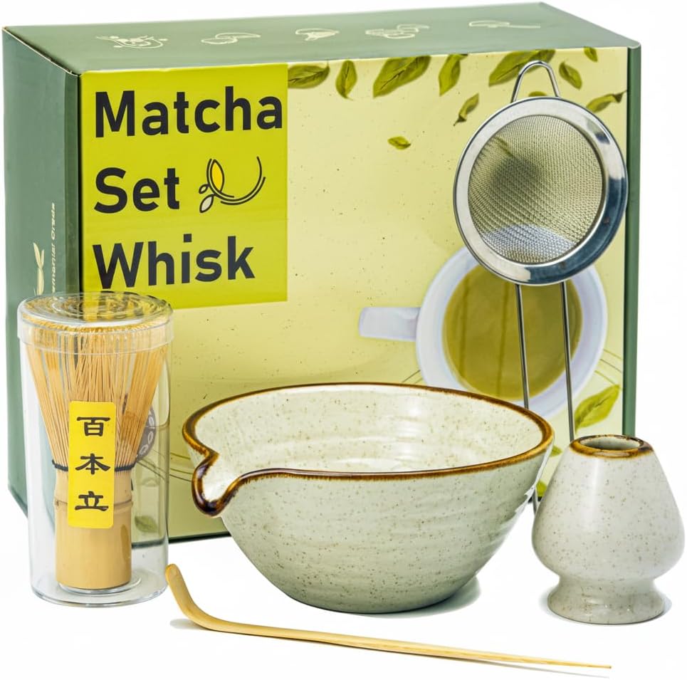 Matcha Whisk Set,Matcha Set,Matcha Kit,Matcha Bowl with Spout,Scoop,Sifter,Bamboo Whisk,Chasen Holder,Mothers Day Gifts for Mom Women her Grifend,Gifts for Christmas