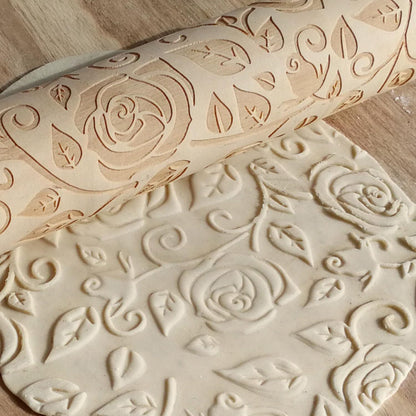 Wooden Embossed Rolling Pin for Baking, Rose Flower Embossed Engraved Carved Rolling Pin, Wooden Roll Pin Laser Engraved Rolling Pin DIY Tool for Making Cookie Dough Crusts Pies Pastry