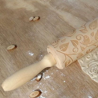 Wooden Embossed Rolling Pin for Baking, Rose Flower Embossed Engraved Carved Rolling Pin, Wooden Roll Pin Laser Engraved Rolling Pin DIY Tool for Making Cookie Dough Crusts Pies Pastry