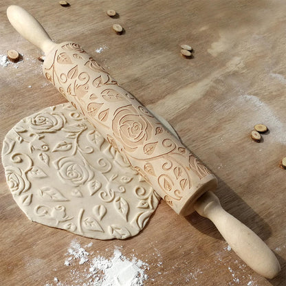 Wooden Embossed Rolling Pin for Baking, Rose Flower Embossed Engraved Carved Rolling Pin, Wooden Roll Pin Laser Engraved Rolling Pin DIY Tool for Making Cookie Dough Crusts Pies Pastry