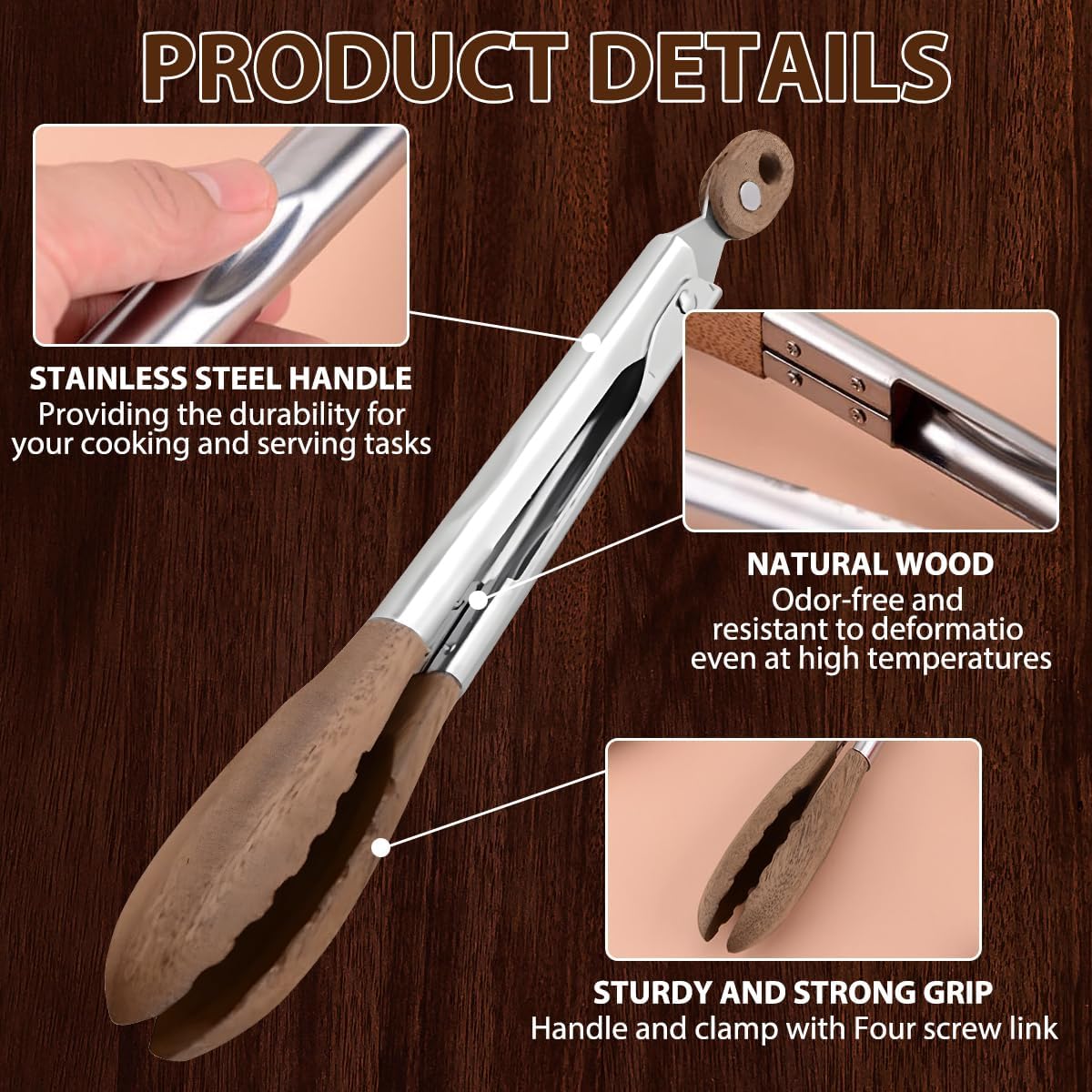 Wooden Tongs for Cooking & Serving Food, Stainless Steel Salad Tongs with Walnut Wood Tip, Anti-Slip Long Handle Wooden Kitchen Tongs Heat Resistant, Smooth Locking & Hanging Cooking Utensils Set of 2