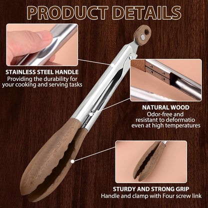 Wooden Tongs for Cooking & Serving Food, Stainless Steel Salad Tongs with Walnut Wood Tip, Anti-Slip Long Handle Wooden Kitchen Tongs Heat Resistant, Smooth Locking & Hanging Cooking Utensils Set of 2