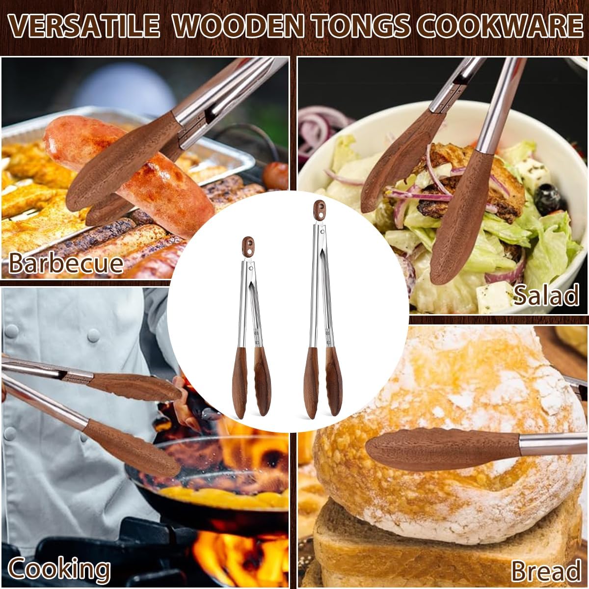 Wooden Tongs for Cooking & Serving Food, Stainless Steel Salad Tongs with Walnut Wood Tip, Anti-Slip Long Handle Wooden Kitchen Tongs Heat Resistant, Smooth Locking & Hanging Cooking Utensils Set of 2