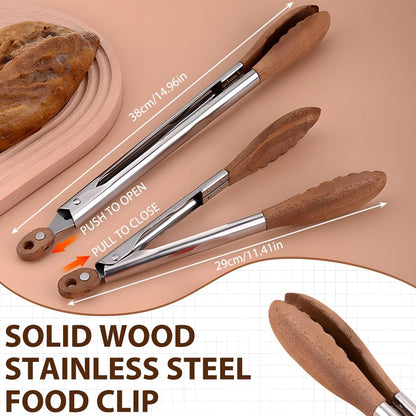 Wooden Tongs for Cooking & Serving Food, Stainless Steel Salad Tongs with Walnut Wood Tip, Anti-Slip Long Handle Wooden Kitchen Tongs Heat Resistant, Smooth Locking & Hanging Cooking Utensils Set of 2
