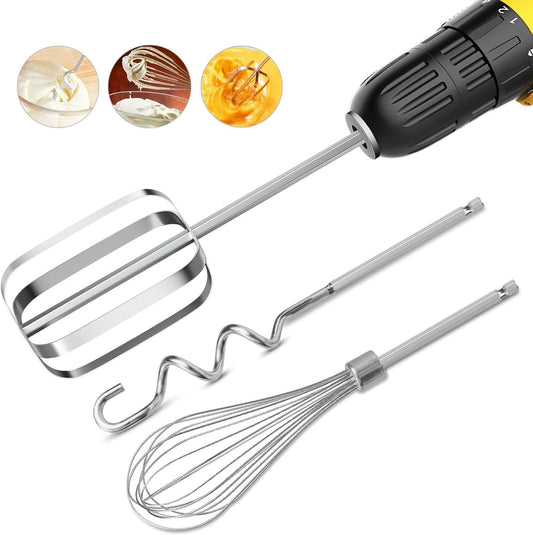 homicozy 3-Piece Stainless Steel Hand Mixer Attachment Set - Whisk, Dough Hook, Egg Beater for Drills - Dishwasher Safe, 9.8 Inch (Drill Not Included) (9.8inch)