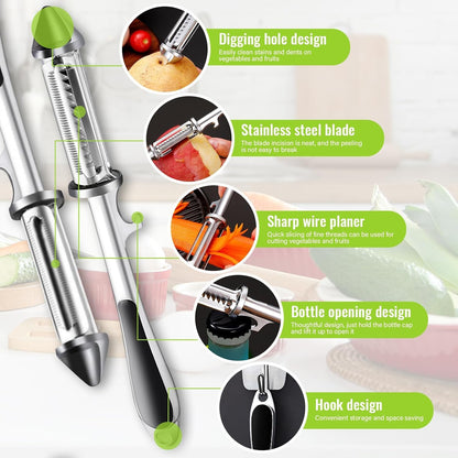 All In One Multifunctional Vegetable Peeler,4 and 1Julienne Peeler Vegetable Peeler,Veggie Peelers for Kitchen,Potato kitchen Pear Tomato Cucumber (Silver)