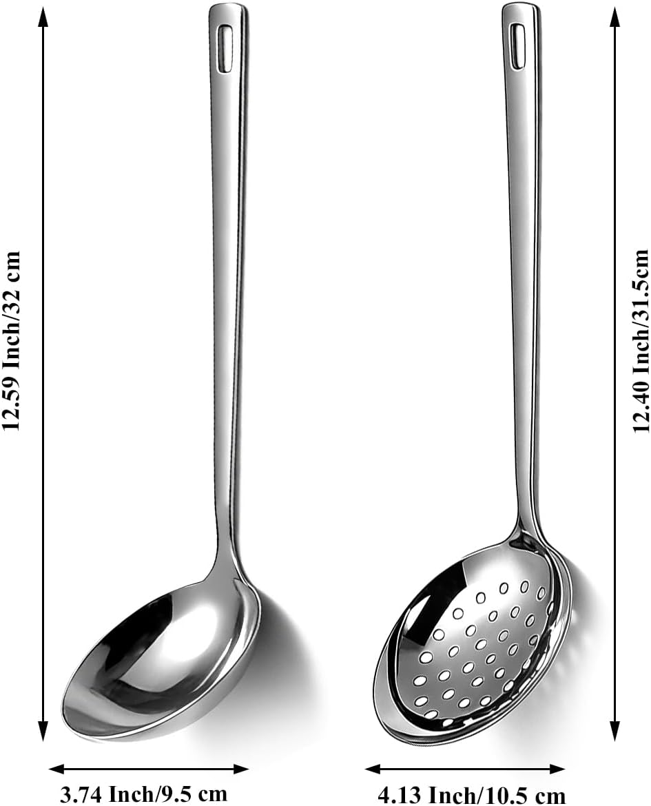 Slotted Spoons and Kitchen Ladle Spoon Set 2 Pcs, Stainless Steel Kitchen Spider Strainer Skimmer Soup Ladle for Straining Pasta/Cooking/Frying, Serving Soup/Gravy, Metal Kitchen Utensils